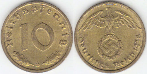 1938 D Germany 10 Pfennig A001843.